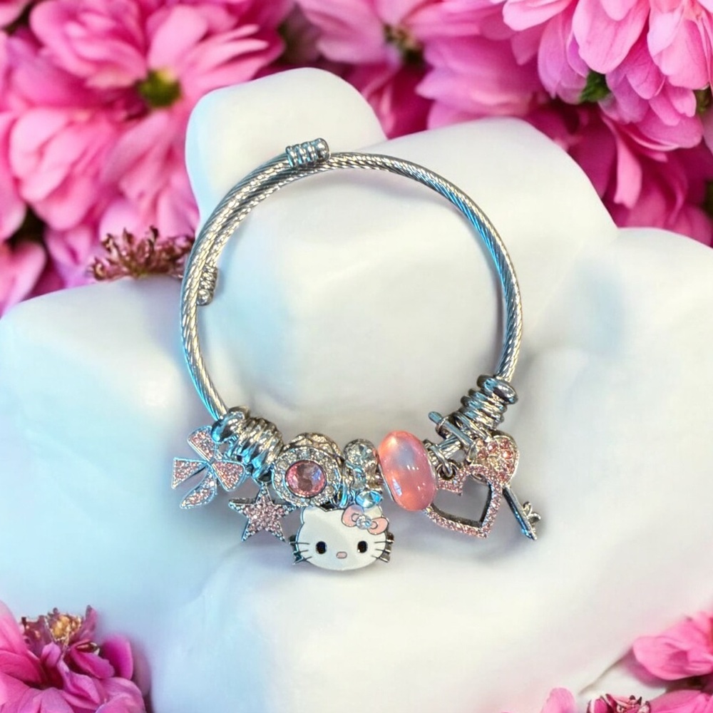 Silver Hello Kitty Charm Bracelet with Pink Accents